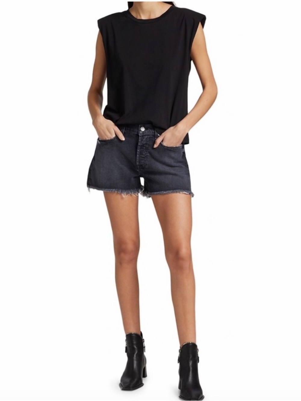 7 For All Mankind Black Frayed Hem Denim Shorts